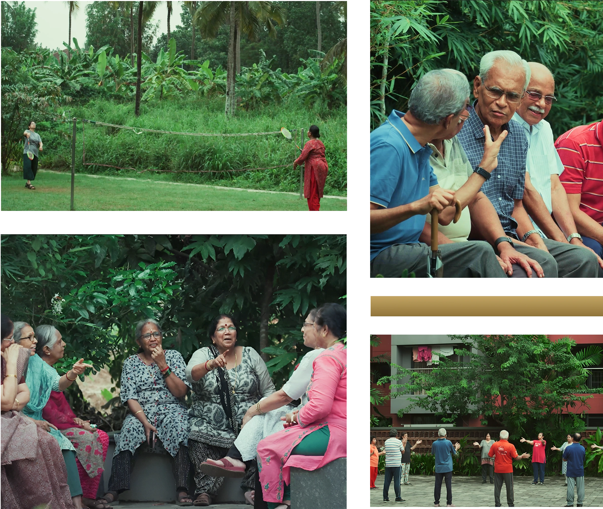 Residents involving themselves in outdoor fun like batminton and laughter hterapy