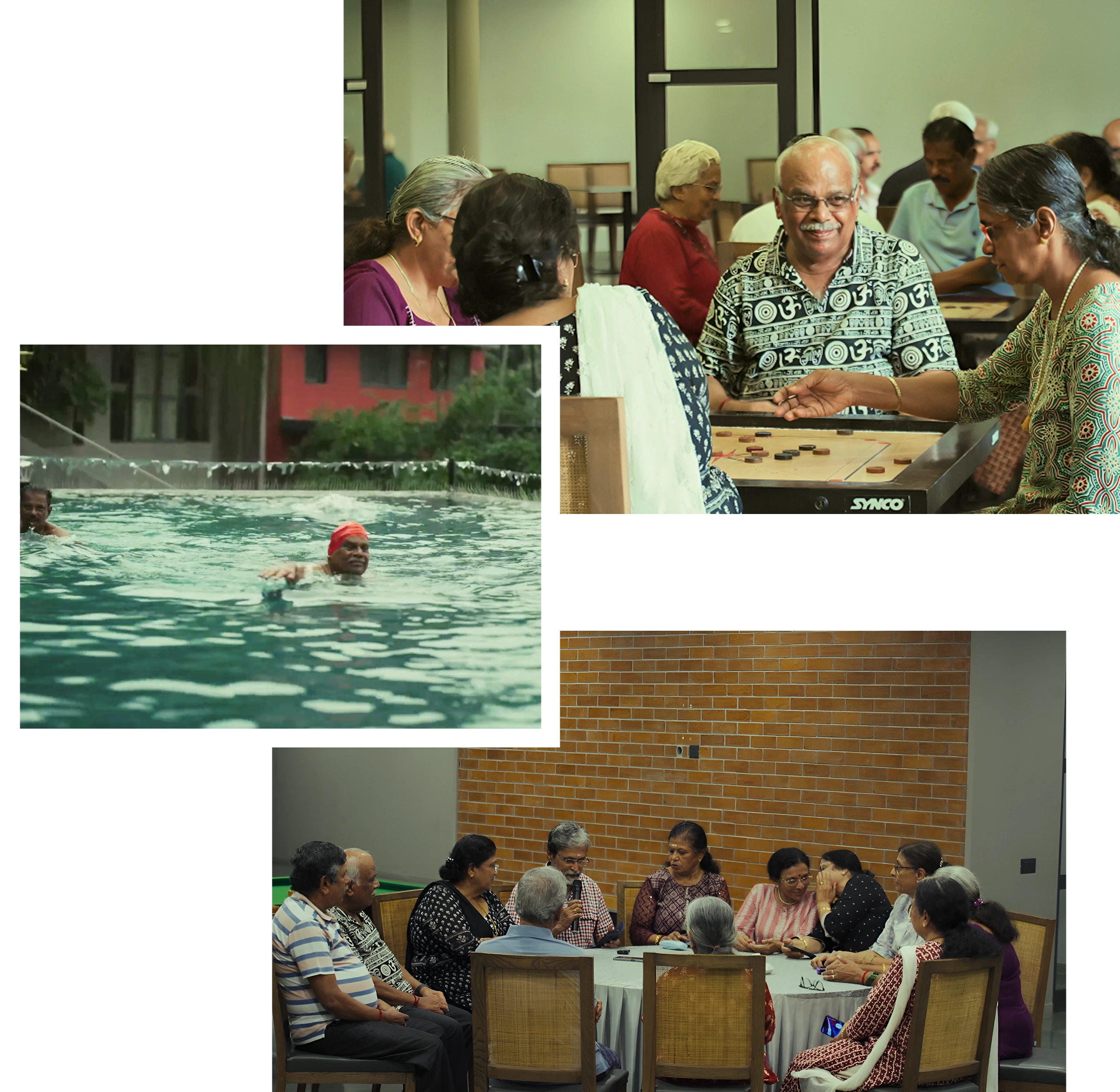 Seniors enjoying fun activities like carrom and swimming
