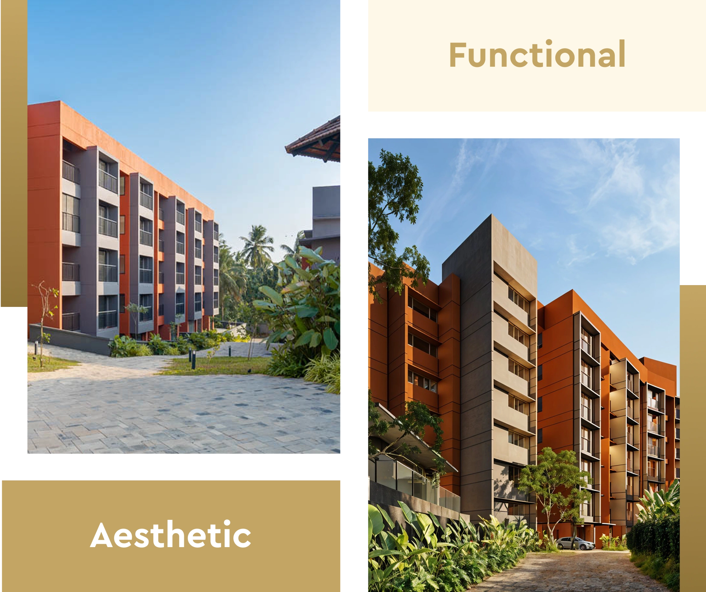 An overview of the apartment buildings with landscaped pathways